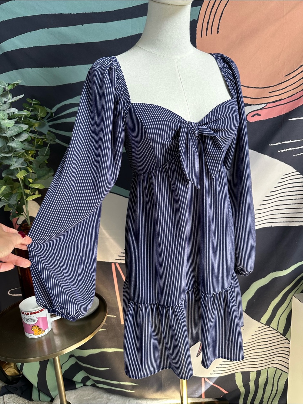 Speechless Navy Pinstripe Tie-Front Babydoll Dress